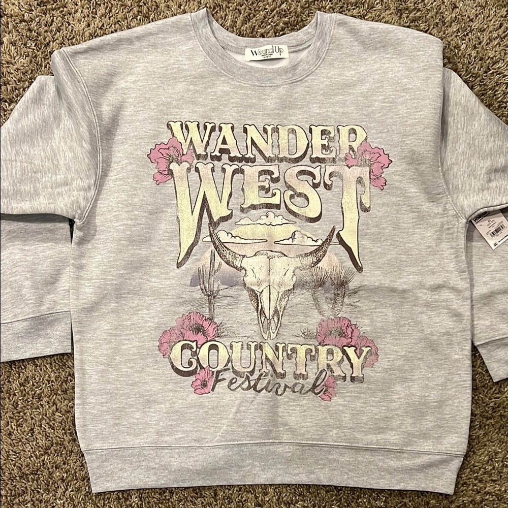 Wound Up Gray and Pink Western Graphic Crew Neck Sweater